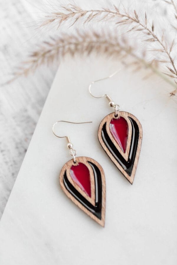 Stylish Laser Cut Wood and Resin Inverted Tear Drop Earrings - Image 2