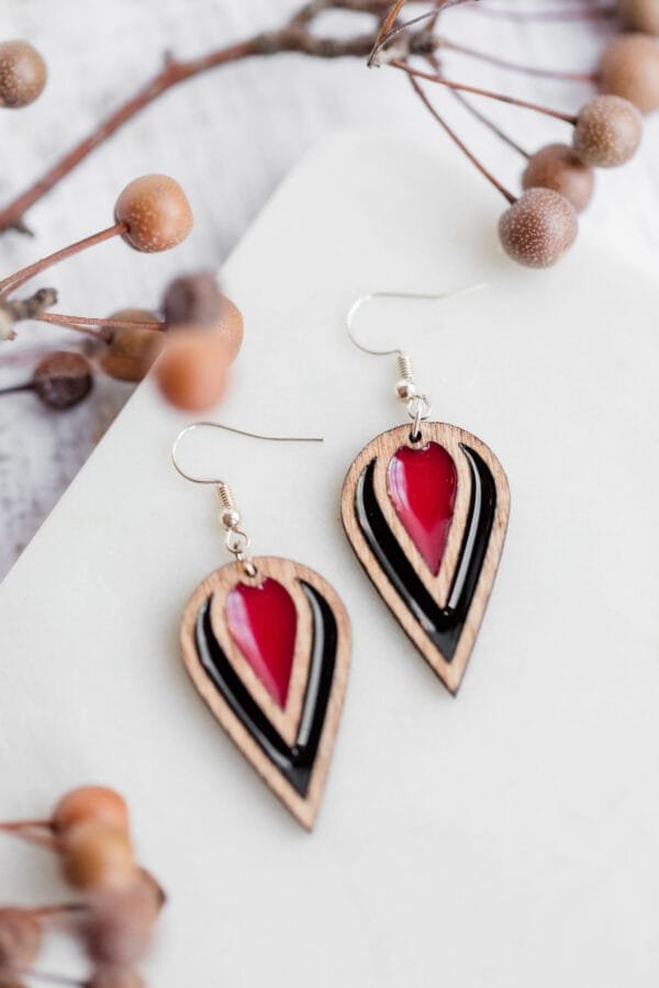 Stylish Laser Cut Wood and Resin Inverted Tear Drop Earrings