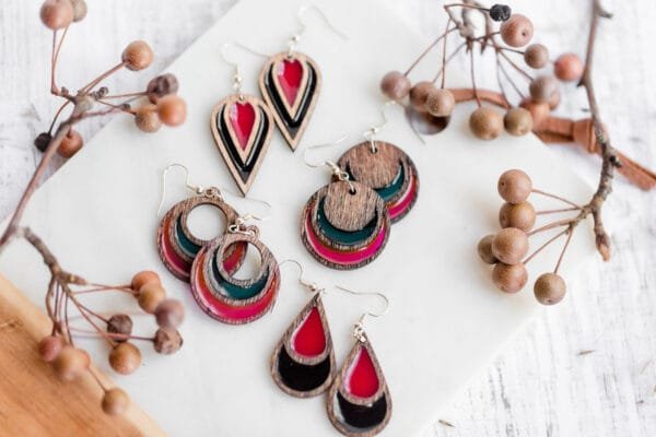 Stylish Laser Cut Wood and Resin Inverted Tear Drop Earrings - Image 3