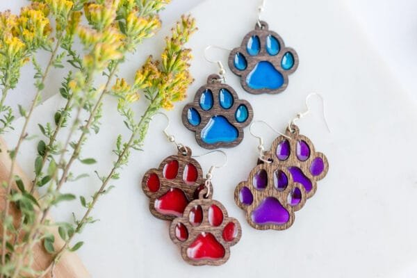 Wood and Resin Paw Print Earrings