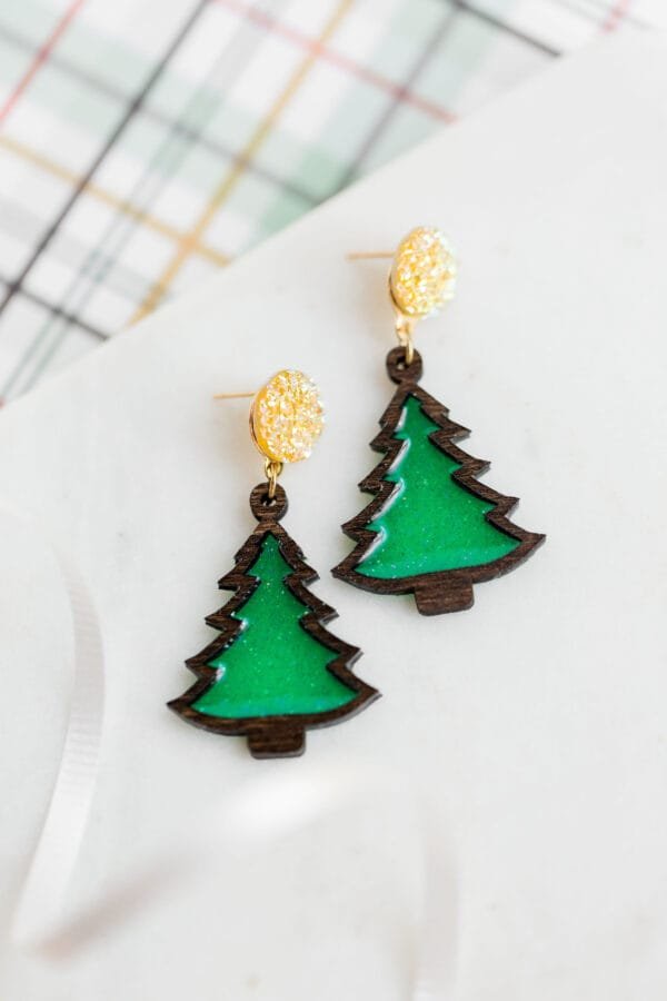 Festive Wood and Resin Glitter Christmas Tree Earrings